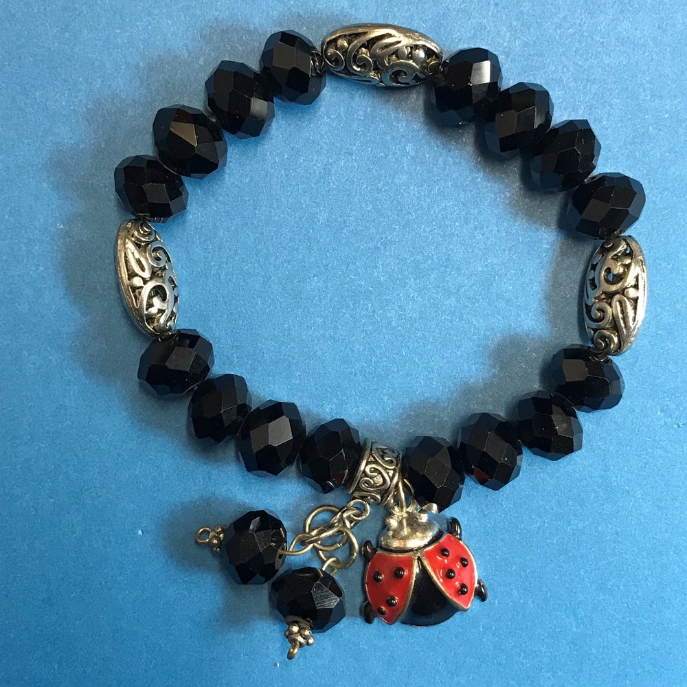 Black and Silver Beaded Ladybug Stretch Bracelet